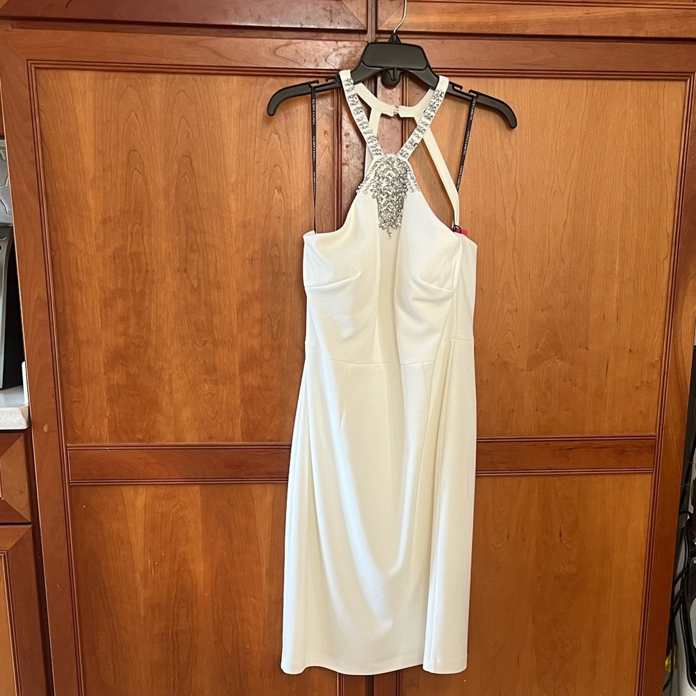 Vince Camuto Cream Backless Dress with Embellished Neckline